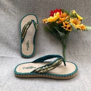 NWT - Turquoise Thong Sandals with Gold Sequin Trim